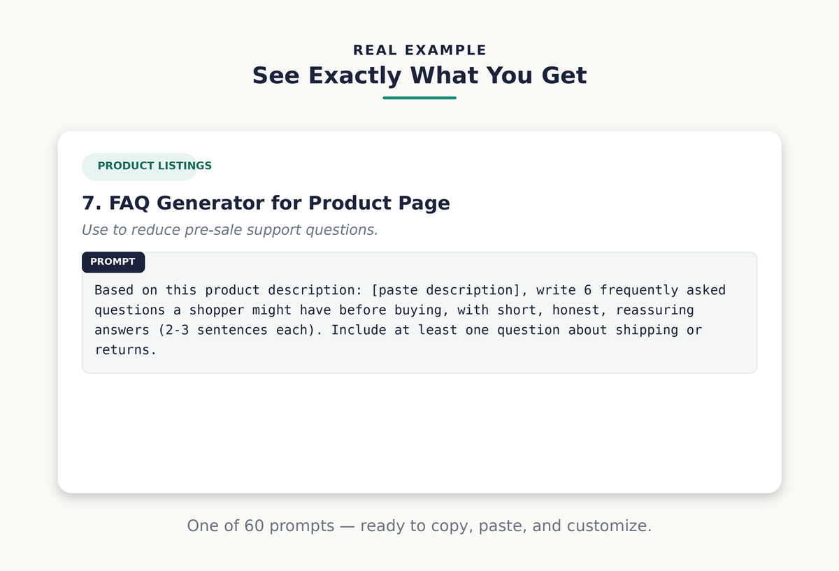 Example AI prompt for generating Shopify product page FAQs