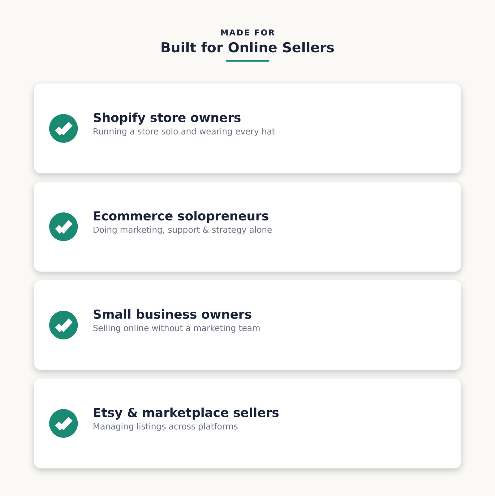 Built for Shopify store owners, ecommerce solopreneurs, and small business owners